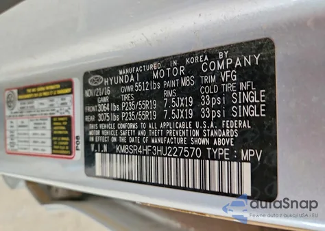 2017 Hyundai Santa Fe Se Ultimate from USA, damaged, VIN KM8SR4HF3HU227570